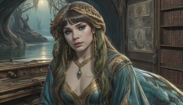 1girl,solo,long hair,breasts,looking at viewer,bangs,brown hair,hair ornament,dress,cleavage,brown eyes,jewelry,medium breasts,closed mouth,upper body,earrings,indoors,water,necklace,tree,lips,book,blue dress,gem,pendant,green dress,realistic,nose,bookshelf,large breasts