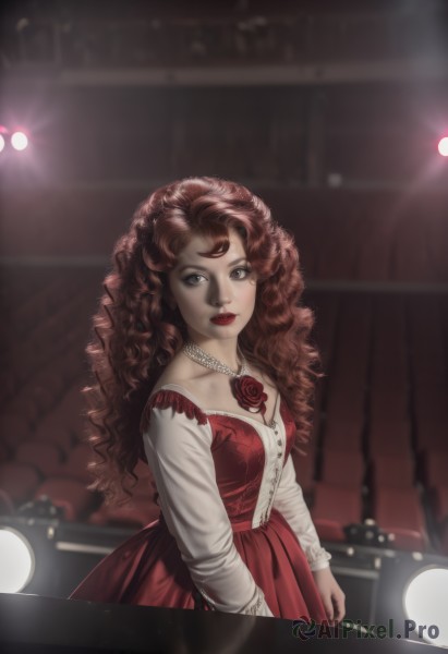 1girl,solo,long hair,breasts,looking at viewer,brown hair,long sleeves,dress,brown eyes,jewelry,flower,red hair,necklace,blurry,lips,makeup,rose,red dress,lipstick,instrument,curly hair,red lips,drum,stage,piano,stage lights,realistic,pearl necklace