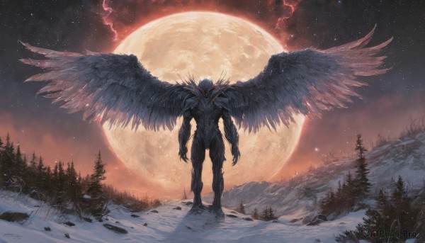 solo,1boy,standing,male focus,outdoors,wings,sky,cloud,from behind,tree,no humans,night,glowing,moon,star (sky),nature,night sky,scenery,feathered wings,claws,snow,full moon,forest,starry sky,monster,mountain,pine tree,full body,white hair,horns,signature,black wings,lightning,demon,multiple wings,spread wings,large wings