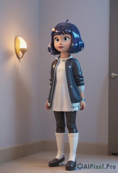 1girl,solo,short hair,bangs,black hair,hair ornament,dress,jewelry,blue hair,standing,jacket,full body,ahoge,boots,open clothes,shoes,pants,indoors,blunt bangs,black footwear,black eyes,high heels,open jacket,lips,bob cut,knee boots,child,watch,door,wristwatch,leggings,smile,blue eyes,parted lips,socks,nail polish,white dress,black jacket,makeup,phone,black pants,white footwear,cellphone,smartphone,holding phone,leather