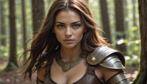 1girl,solo,long hair,breasts,looking at viewer,large breasts,brown hair,cleavage,brown eyes,jewelry,medium breasts,closed mouth,upper body,outdoors,day,necklace,armor,blurry,tree,lips,depth of field,blurry background,shoulder armor,nature,forest,pauldrons,realistic,nose,sunlight,portrait