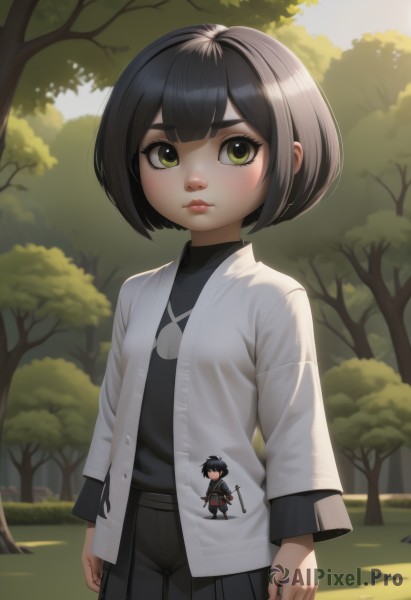 1girl,solo,looking at viewer,blush,short hair,bangs,skirt,shirt,black hair,long sleeves,closed mouth,green eyes,standing,jacket,weapon,pleated skirt,outdoors,open clothes,day,pants,sword,artist name,black skirt,open jacket,tree,lips,black shirt,turtleneck,bob cut,white jacket,thick eyebrows,grass,child,nature,forest,freckles,arms at sides,female child,doll,nose,character doll