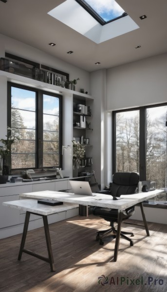 sky,day,cloud,indoors,tree,cup,blue sky,book,no humans,window,shadow,chair,table,sunlight,plant,scenery,snow,desk,plate,wooden floor,lamp,computer,shelf,laptop,ceiling light,mug,monitor,office chair,mouse (computer),drawing tablet,cabinet,office