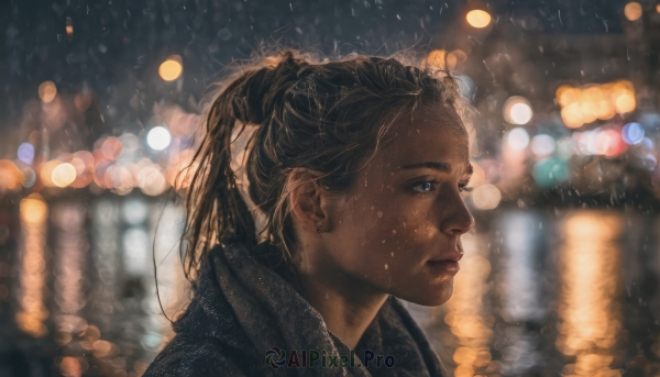 1girl, solo, blue eyes, brown hair, ponytail, blurry, lips, profile, night, depth of field, blurry background, looking away, rain, realistic, nose, bokeh, city lights