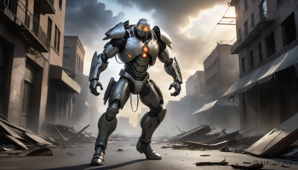 HQ,solo,1boy,standing,outdoors,sky,cloud,armor,no humans,glowing,cloudy sky,robot,building,mecha,glowing eyes,science fiction,city,realistic,cable,ruins,damaged,open hands,power armor,debris,rubble,orange eyes,military,military vehicle,power lines,super robot,arm blade,kaijuu