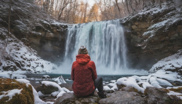 1girl, solo, short hair, brown hair, hat, sitting, jacket, outdoors, pants, hood, water, from behind, tree, coat, black pants, hood down, nature, scenery, snow, rock, beanie, winter clothes, facing away, wide shot, winter, waterfall