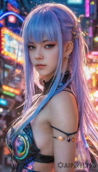 1girl,solo,long hair,breasts,looking at viewer,bangs,hair ornament,bare shoulders,jewelry,medium breasts,closed mouth,green eyes,blue hair,upper body,sidelocks,earrings,outdoors,artist name,blurry,from side,lips,grey eyes,depth of field,blurry background,armlet,realistic,nose,dress,multicolored hair,signature,blunt bangs,eyelashes,gradient hair,makeup,night,watermark,expressionless,gem,eyeshadow,science fiction,eyeliner,arm strap,bokeh,mascara,cyberpunk,neon lights