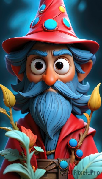 solo,looking at viewer,1boy,hat,blue hair,upper body,flower,male focus,pointy ears,belt,blurry,black eyes,book,witch hat,facial hair,blue background,thick eyebrows,red headwear,beard,red jacket,robe,mustache,wizard hat,wizard,brown eyes,leaf,plant