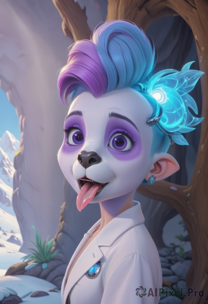 1girl,solo,looking at viewer,smile,short hair,open mouth,shirt,hair ornament,animal ears,jewelry,blue hair,purple eyes,jacket,white shirt,upper body,pink hair,purple hair,flower,multicolored hair,earrings,outdoors,teeth,day,tongue,collared shirt,artist name,tongue out,hair bun,from side,two-tone hair,tree,eyelashes,makeup,glowing,upper teeth only,single hair bun,white jacket,sharp teeth,lipstick,gem,furry,eyeshadow,crystal,rock,furry female,eyeliner,animal nose,cave,buck teeth,purple eyeshadow,pointy ears,hairclip,leaf,fangs,labcoat