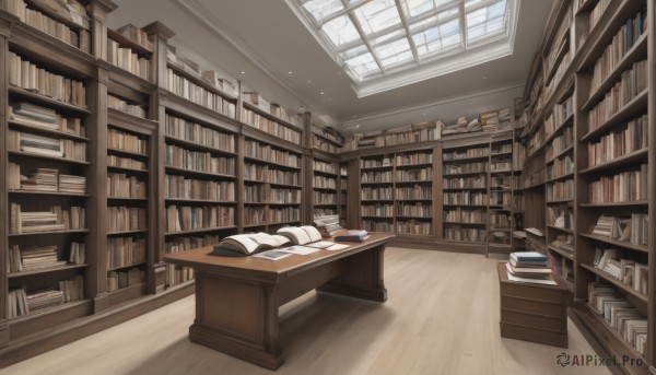 day,indoors,book,no humans,window,chair,table,sunlight,scenery,desk,light rays,wooden floor,bookshelf,shelf,book stack,library,ceiling,ladder,voile,artist name,open book