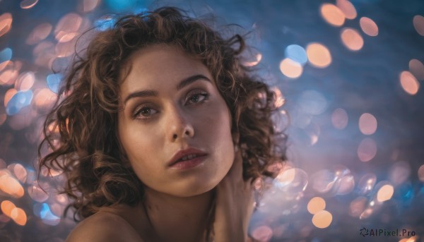 1girl, solo, looking at viewer, brown hair, brown eyes, parted lips, teeth, lips, messy hair, portrait, curly hair, realistic, nose