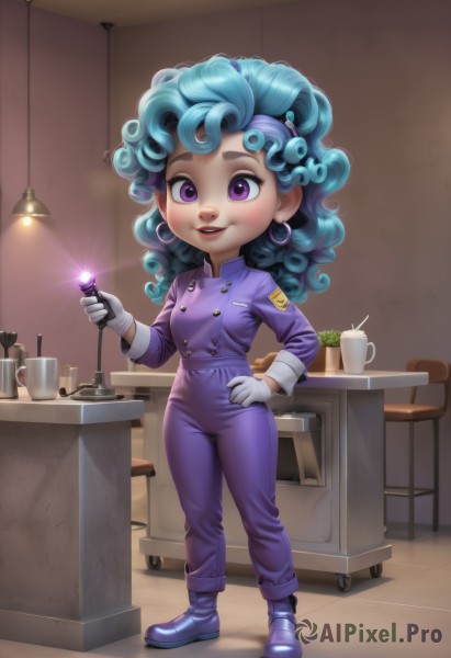 1girl,solo,long hair,looking at viewer,smile,gloves,long sleeves,holding,jewelry,blue hair,standing,purple eyes,full body,earrings,boots,shoes,indoors,white gloves,cup,hand on hip,aqua hair,table,thick eyebrows,curly hair,mug,glint,lamp,jumpsuit,coffee mug,open mouth,green hair,teeth,artist name,dark skin,dark-skinned female,buttons,purple footwear,drawer