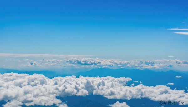 outdoors,sky,day,cloud,water,blue sky,no humans,bird,ocean,cloudy sky,scenery,flying,blue theme,horizon,landscape,above clouds,aircraft