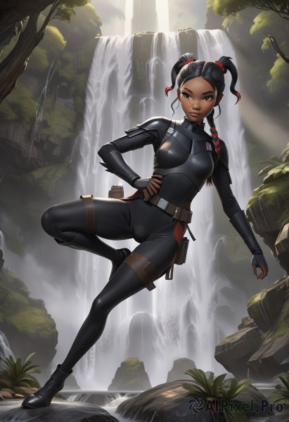 1girl,solo,long hair,breasts,looking at viewer,black hair,gloves,ribbon,twintails,brown eyes,full body,hair ribbon,braid,small breasts,boots,outdoors,black gloves,belt,artist name,dark skin,fingerless gloves,water,black footwear,armor,black eyes,twin braids,dark-skinned female,tree,lips,hand on hip,bodysuit,shoulder armor,nature,forest,pauldrons,pouch,breastplate,black bodysuit,animification,belt pouch,waterfall,smile,thighhighs,closed mouth,standing,red hair,multicolored hair,day,two-tone hair,red ribbon,double bun,plant,short twintails,skin tight,shoulder pads,river