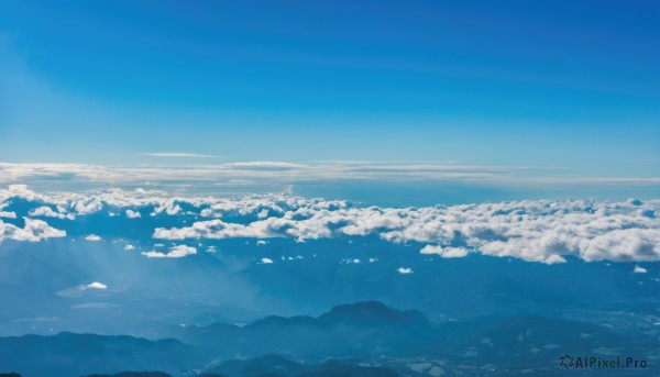 monochrome,outdoors,sky,day,cloud,blue sky,no humans,ocean,sunlight,cloudy sky,scenery,blue theme,mountain,horizon,landscape,above clouds,signature,bird,nature,mountainous horizon