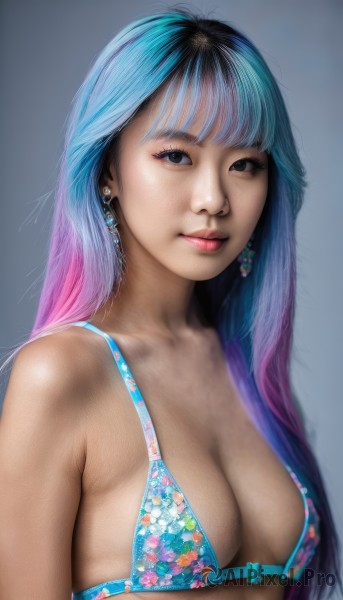 1girl,solo,long hair,breasts,looking at viewer,smile,bangs,blue eyes,simple background,black hair,cleavage,jewelry,medium breasts,closed mouth,blue hair,collarbone,swimsuit,upper body,pink hair,purple hair,bikini,multicolored hair,earrings,grey background,black eyes,two-tone hair,lips,eyelashes,aqua hair,gradient hair,makeup,piercing,floral print,blue bikini,eyeshadow,freckles,realistic,nose,bare shoulders,bikini top only