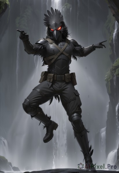 solo,looking at viewer,red eyes,gloves,1boy,standing,full body,male focus,boots,outdoors,black gloves,belt,pants,water,black footwear,armor,fur trim,mask,glowing,black pants,standing on one leg,helmet,feathers,pointing,glowing eyes,pouch,waterfall,cave,knee pads