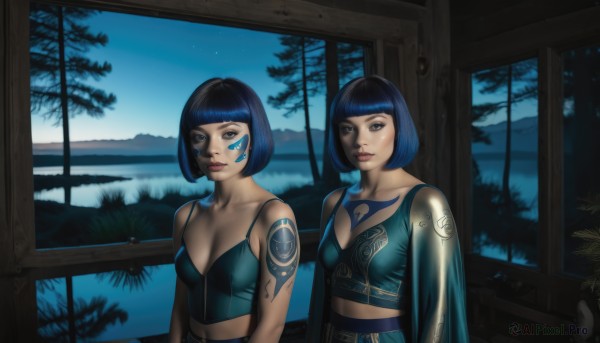 1girl,breasts,looking at viewer,short hair,bangs,blue eyes,multiple girls,black hair,2girls,cleavage,medium breasts,blue hair,upper body,multicolored hair,small breasts,sky,midriff,indoors,blunt bangs,tree,lips,crop top,window,tattoo,makeup,night,facial mark,bob cut,tank top,plant,star (sky),night sky,camisole,starry sky,reflection,nose,arm tattoo,facial tattoo,dual persona,facepaint