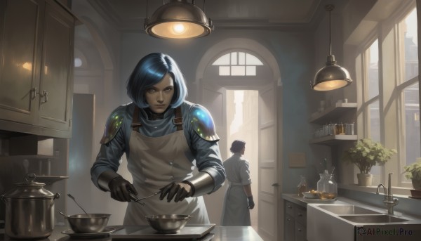 1girl,short hair,bangs,multiple girls,black hair,gloves,1boy,holding,2girls,brown eyes,blue hair,standing,food,solo focus,black gloves,indoors,dark skin,armor,apron,window,swept bangs,sunlight,knife,plant,shoulder armor,bowl,pauldrons,spoon,potted plant,candle,shoulder pads,cooking,ladle,kitchen,jar,spatula,counter,cabinet,stove,hair ornament,dark-skinned female,lips,nose