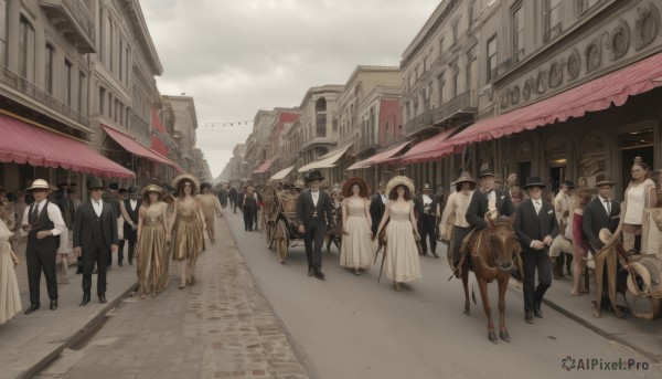 long hair,short hair,multiple girls,brown hair,shirt,black hair,long sleeves,hat,dress,bow,jacket,white shirt,outdoors,multiple boys,necktie,sky,day,pants,cloud,bowtie,white dress,vest,black jacket,6+girls,black pants,formal,suit,ground vehicle,building,walking,6+boys,road,riding,horse,street,cane,taur,horseback riding,centaur,pavement,scenery,city,fedora,crowd