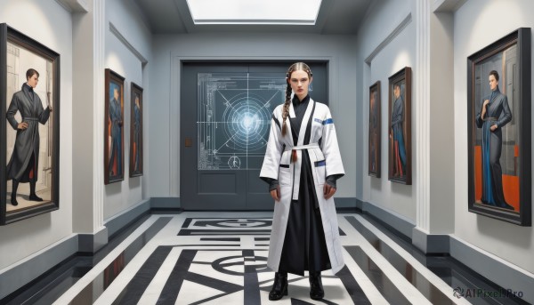 1girl,long hair,looking at viewer,blonde hair,brown hair,black hair,long sleeves,1boy,closed mouth,standing,full body,braid,male focus,boots,japanese clothes,multiple boys,belt,indoors,2boys,black footwear,coat,single braid,shadow,hair over shoulder,robe,door,white coat,painting (object),white robe,black robe,solo,hair ornament,jewelry,multicolored hair,earrings,sash,makeup,science fiction,stairs,realistic,reflective floor