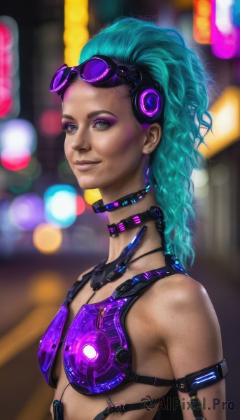 1girl,solo,long hair,breasts,looking at viewer,smile,green eyes,swimsuit,upper body,bikini,small breasts,green hair,choker,dark skin,blurry,flat chest,from side,aqua eyes,lips,eyelashes,aqua hair,makeup,blurry background,lipstick,goggles,web address,eyeshadow,freckles,science fiction,goggles on head,realistic,nose,eyeliner,cyberpunk,blue eyes,jewelry,purple hair,artist name,signature,collar,depth of field,headphones,sunglasses,eyewear on head,bokeh,mascara