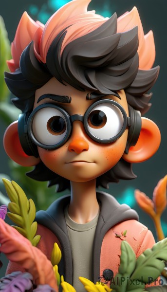 solo,looking at viewer,short hair,brown hair,shirt,black hair,1boy,animal ears,brown eyes,closed mouth,jacket,upper body,flower,male focus,multicolored hair,outdoors,glasses,hood,blurry,two-tone hair,hoodie,blurry background,leaf,plant,spiked hair,goggles,child,grey shirt,furry,freckles,mouse ears,furry male,male child,grey hoodie,1girl,artist name,depth of field,headphones,watermark