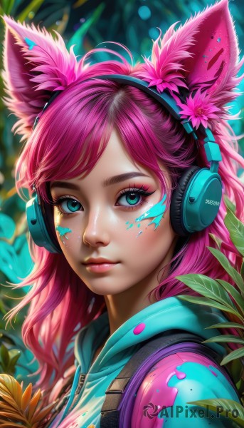 1girl,solo,long hair,looking at viewer,bangs,blue eyes,hair ornament,animal ears,closed mouth,green eyes,upper body,pink hair,flower,shiny,artist name,cat ears,signature,hair flower,hood,blurry,shiny hair,from side,lips,animal ear fluff,fox ears,eyelashes,hoodie,makeup,blurry background,swept bangs,headphones,leaf,facial mark,hood down,plant,lipstick,portrait,pink flower,eyeshadow,freckles,pink lips,yellow flower,nose,eyeliner,whisker markings,facepaint,mascara,paint splatter,paint,pink eyeshadow,jacket,bag,aqua eyes,depth of field,fake animal ears,watermark,thick eyebrows,backpack,web address,sunflower,animal ear headphones,cat ear headphones