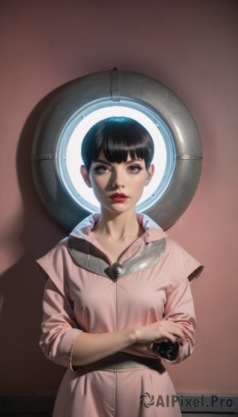 1girl,solo,looking at viewer,short hair,bangs,black hair,dress,brown eyes,closed mouth,standing,upper body,belt,blunt bangs,black eyes,lips,makeup,shadow,lipstick,science fiction,realistic,nose,red lips,serious,cyberpunk