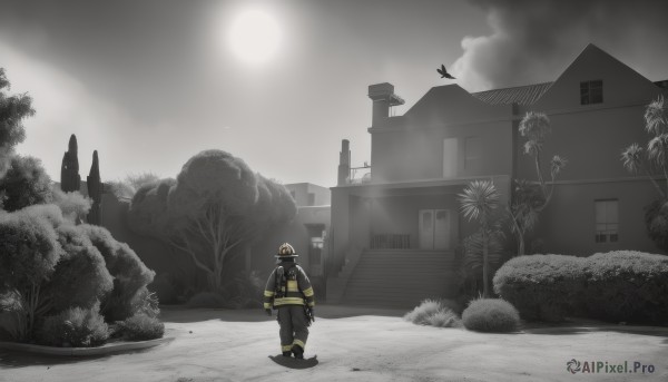 1girl,solo,short hair,gloves,long sleeves,1boy,standing,jacket,monochrome,greyscale,boots,outdoors,sky,pants,cloud,from behind,tree,bird,moon,helmet,building,scenery,1other,wide shot,gas mask,male focus,black gloves,black footwear,window,mask,night,black pants,cloudy sky,plant,snow,stairs,sun,yellow jacket,ruins,house,crow,ambiguous gender,grey sky