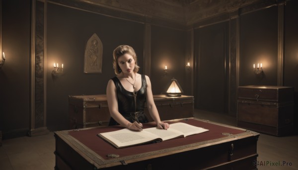 1girl,solo,breasts,looking at viewer,short hair,blonde hair,brown hair,dress,cleavage,bare shoulders,brown eyes,jewelry,collarbone,earrings,sleeveless,indoors,necklace,lips,book,table,tank top,cross,desk,paper,realistic,lamp,candle,dark,cross necklace,candlestand,medium breasts,sitting,makeup,lipstick,writing,candlelight