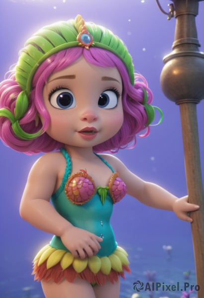 1girl,solo,breasts,looking at viewer,smile,short hair,open mouth,blue eyes,navel,holding,bare shoulders,standing,swimsuit,pink hair,purple hair,flower,cowboy shot,small breasts,teeth,pussy,water,blurry,flat chest,lips,one-piece swimsuit,bare arms,loli,eyelashes,covered navel,cameltoe,aged down,monster girl,staff,gem,child,web address,underwater,holding staff,female child,shell,green one-piece swimsuit,blush,multicolored hair,green hair,sky,artist name,two-tone hair,leaf,piercing,curly hair,mermaid,navel piercing,nose piercing