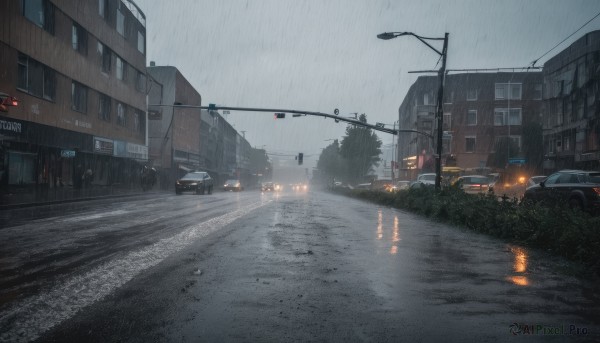 outdoors,sky,cloud,water,tree,no humans,window,night,cloudy sky,ground vehicle,building,scenery,motor vehicle,reflection,rain,city,sign,car,road,cityscape,lamppost,street,puddle,grey sky,traffic light,crosswalk,wet,water drop,power lines,utility pole,road sign