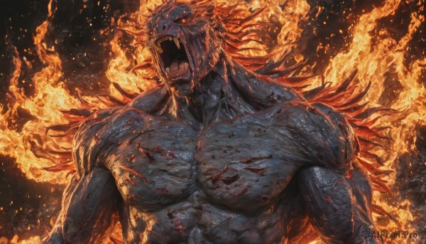 solo,long hair,looking at viewer,open mouth,red eyes,1boy,upper body,male focus,red hair,teeth,blood,muscular,glowing,colored skin,fangs,abs,fire,pectorals,sharp teeth,muscular male,glowing eyes,veins,monster,blood on face,embers,burning,nipples,wings,injury