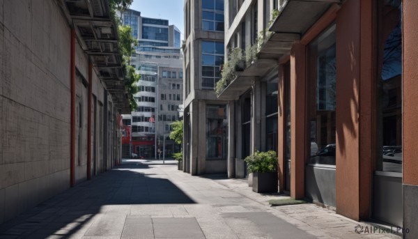 outdoors,sky,day,tree,blue sky,no humans,window,shadow,plant,ground vehicle,building,scenery,motor vehicle,city,sign,door,chinese text,car,road,cityscape,shade,lamppost,street,air conditioner,crosswalk,real world location,cloud,alley