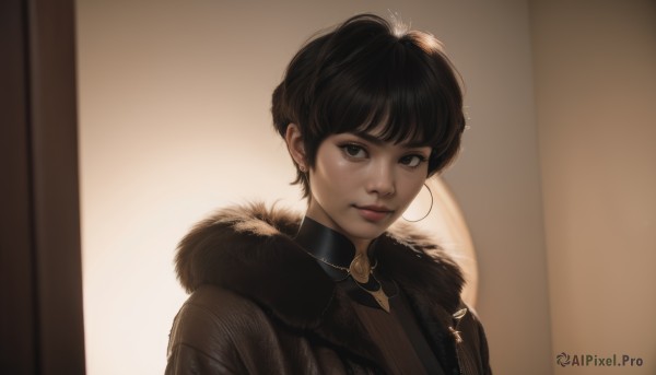 1girl,solo,looking at viewer,short hair,bangs,brown hair,black hair,brown eyes,jewelry,closed mouth,jacket,upper body,earrings,artist name,necklace,blurry,black eyes,dark-skinned female,lips,coat,fur trim,makeup,freckles,hoop earrings,realistic,nose,very short hair,smile,lipstick,portrait,backlighting,fur collar,red lips,sidelighting