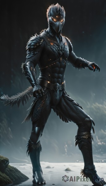 solo,looking at viewer,1boy,standing,tail,full body,male focus,armor,orange eyes,mask,glowing,helmet,clenched hand,glowing eyes,claws,rock,full armor,snow