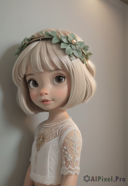 1girl,solo,looking at viewer,short hair,bangs,blonde hair,shirt,hair ornament,brown eyes,jewelry,white shirt,upper body,flower,white hair,short sleeves,hairband,parted lips,hair flower,necklace,flat chest,lips,see-through,shadow,bob cut,child,female child,head wreath,blush,simple background,midriff,realistic