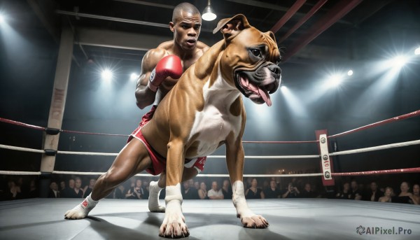 HQ,open mouth,1boy,hat,male focus,multiple boys,shorts,tongue,muscular,facial hair,animal,sunglasses,beard,dog,realistic,bald,red shorts,manly,crowd,boxing gloves,wrestling,stadium,wrestling ring,audience,sweat,barefoot,indoors,light,what,lights