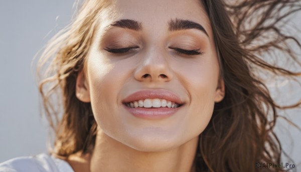 1girl,solo,long hair,smile,open mouth,simple background,brown hair,shirt,closed eyes,white shirt,lying,parted lips,teeth,on back,grey background,grin,blurry,lips,thick eyebrows,portrait,facing viewer,close-up,realistic,nose,blonde hair,tree,eyelashes,clenched teeth,bare tree