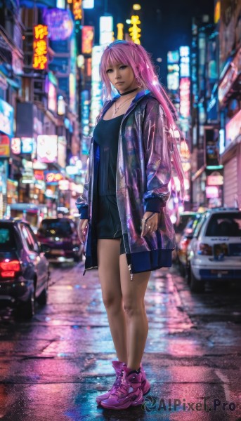 1girl,solo,long hair,breasts,looking at viewer,bangs,long sleeves,dress,jewelry,medium breasts,closed mouth,standing,jacket,full body,pink hair,earrings,outdoors,open clothes,shoes,shorts,choker,necklace,blurry,black dress,open jacket,lips,see-through,night,blurry background,black choker,short dress,ground vehicle,building,sneakers,motor vehicle,city,realistic,pink footwear,car,road,purple footwear,street,neon lights,blue eyes,purple eyes,ponytail,bare legs,ring,rain,cross necklace,city lights,cyberpunk