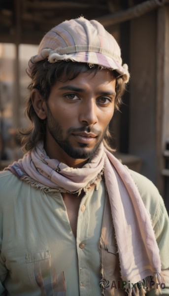 solo,looking at viewer,brown hair,shirt,black hair,1boy,hat,brown eyes,closed mouth,jacket,upper body,male focus,dark skin,medium hair,scarf,blurry,buttons,blurry background,facial hair,dark-skinned male,beard,pocket,realistic,beanie,white scarf,white shirt,lips,depth of field,blue shirt,stubble,unbuttoned