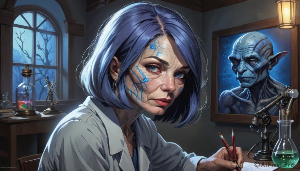 1girl,solo,looking at viewer,short hair,bangs,blue eyes,shirt,1boy,holding,jewelry,closed mouth,blue hair,white shirt,upper body,earrings,collared shirt,indoors,tree,lips,book,window,tattoo,night,facial mark,veins,realistic,nose,pen,lamp,paintbrush,pencil,holding pen,nib pen (object),pointy ears,signature,colored skin,desk,blue skin,labcoat,facepaint,green skin,alien,painting (object)