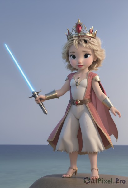 1girl,solo,looking at viewer,short hair,blue eyes,blonde hair,dress,holding,jewelry,closed mouth,standing,full body,weapon,outdoors,sky,belt,sword,water,necklace,cape,holding weapon,white dress,armor,black eyes,lips,ocean,beach,holding sword,sandals,tiara,crown,child,red cape,female child,bracer,energy sword,lightsaber,shoes,high heels,bodysuit,realistic,superhero