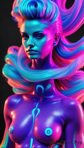 1girl,solo,long hair,breasts,looking at viewer,blue eyes,simple background,medium breasts,nipples,blue hair,upper body,nude,multicolored hair,small breasts,parted lips,shiny,lips,bodysuit,makeup,floating hair,colored skin,lipstick,black background,eyeshadow,nose,blue skin,purple skin,purple lips,blue lips,orange skin,collarbone,pink hair,eyelashes,bodypaint