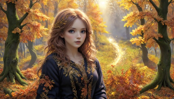 HQ,1girl,solo,long hair,breasts,looking at viewer,blue eyes,blonde hair,brown hair,hair ornament,long sleeves,dress,collarbone,upper body,braid,outdoors,parted lips,day,necklace,tree,lips,leaf,wavy hair,sunlight,nature,forest,curly hair,realistic,fantasy,autumn leaves,autumn,blush,bangs,water