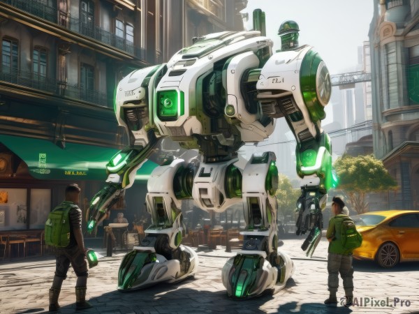 1boy,hat,standing,jacket,weapon,boots,outdoors,multiple boys,2boys,bag,from behind,tree,gun,glowing,backpack,robot,ground vehicle,building,mecha,motor vehicle,science fiction,green jacket,city,sign,car,road,street,truck,holding,3boys,helmet,holding gun,scenery,rifle,lamppost,traffic light