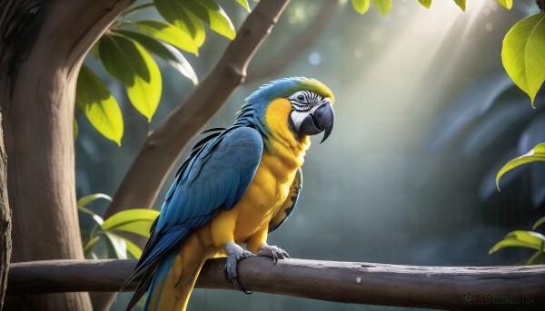 HQ,solo,standing,outdoors,wings,day,blurry,from side,tree,no humans,blurry background,bird,animal,leaf,sunlight,feathers,plant,nature,forest,light rays,branch,animal focus,talons,beak,parrot