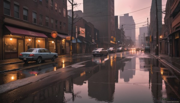 An iconic motor vehicle framed by a inviting rainy outdoors