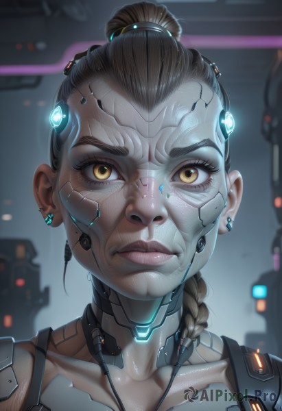 1girl,solo,long hair,looking at viewer,brown hair,brown eyes,jewelry,collarbone,yellow eyes,braid,earrings,artist name,blurry,lips,single braid,makeup,blurry background,headgear,portrait,close-up,science fiction,realistic,nose,android,stud earrings,joints,cyborg,hair pulled back,robot joints,cyberpunk,mechanical parts,earpiece,black hair,closed mouth,ponytail,eyelashes,glowing,glowing eyes,hair over shoulder,forehead,backlighting,asymmetrical hair,eyeliner,cable,undercut,mascara,hologram